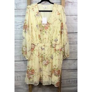New With Tags LC Lauren Conrad Floral V-Neck Smocked Mini Dress Yellow XXL